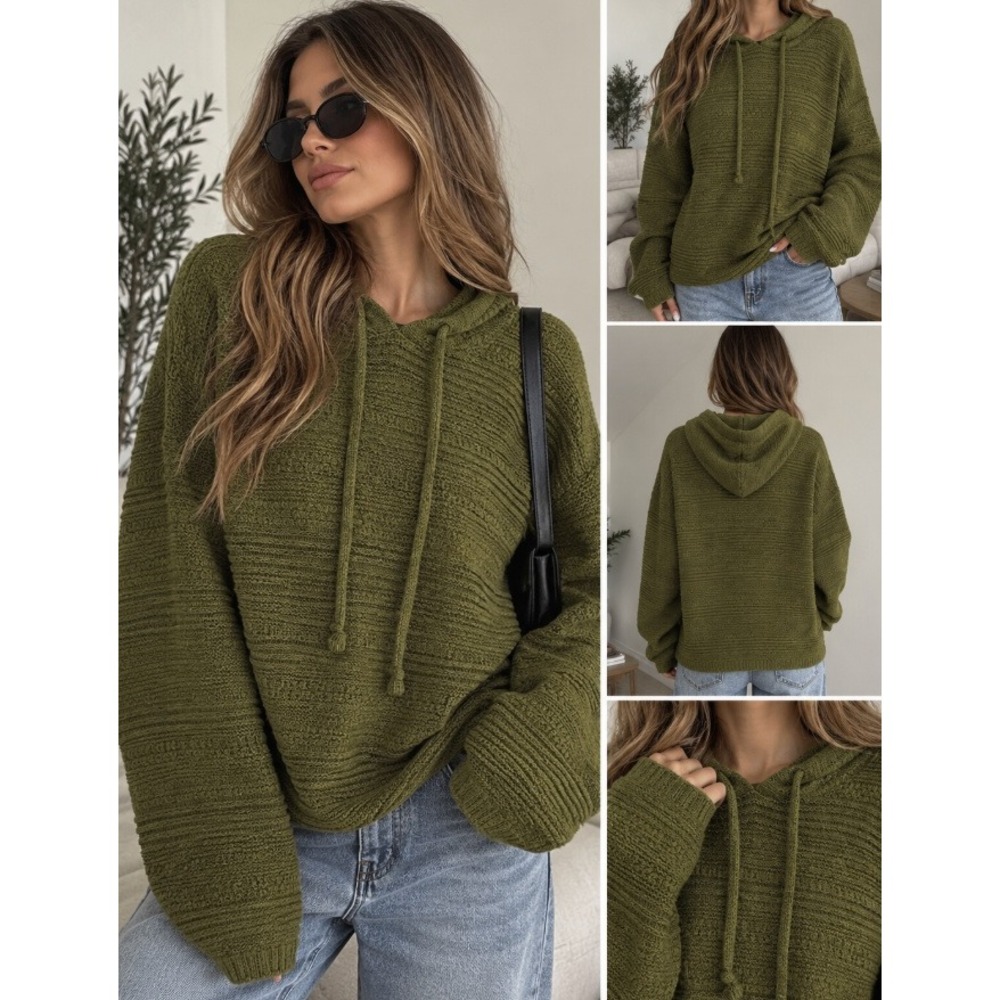 Amuse Society Paradise Bay Olive Green Knit Hooded Sweater Large NWT
